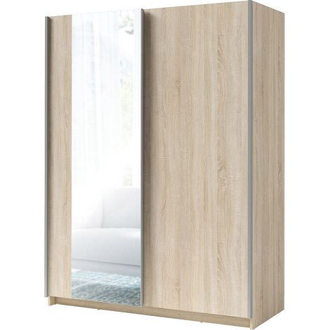 Armario de 2 puertas correderas con espejo - Colección GOZU - Color roble sonoma - 150 x 198 x 62 cm