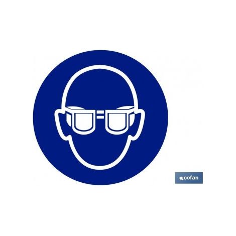 Panneau adhésif 105x105mm indiquant le port obligatoire de lunettes, design variable.