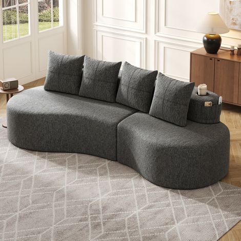 Canapé 240x109x60 cm gris foncé en lin avec 4 coussins, porte-gobelets et poches latérales (1/5)