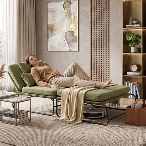 Creahappy Canapé Convertible 2 Places 104x200 cm - Lit d'Appoint Gain de Place - Tissu Chenille et Métal Noir - Vert (1/5)