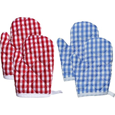 Gants de cuisine pour enfants, lot de 4, compatibles micro-ondes, avec isolation thermique et boucle de suspension. Idéal pour la cuisine des enfants. Bleu et rouge, 1 paire. (1/5)