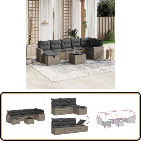 Salon de jardin 8 pcs avec coussins gris résine tressée - Ensemble Salon De Jardin - Mobilier De Jardin - Canapé D'extérieur - Set De Salon - Chaise Longue