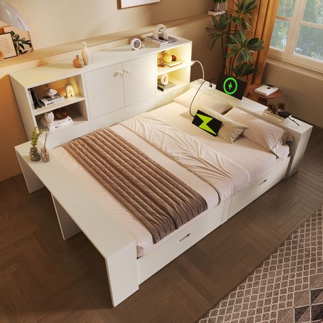 Lit coffre - Rangement - 140x200 cm - Rangements, tiroirs, portes - Bois - Blanc (1/5)