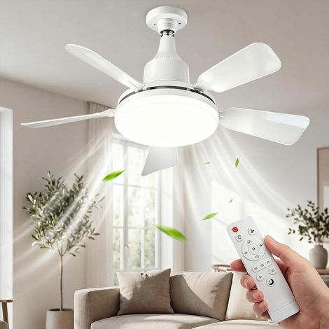 Ventilateur de plafond Blanc avec lumière – E27(Socle inclus), dimmable 3000K-6500K – 3 modes couleur, 3 vitesses – Minuterie 2/4h – Télécommande – Idéal pour chambre, cuisine et salon (1/5)