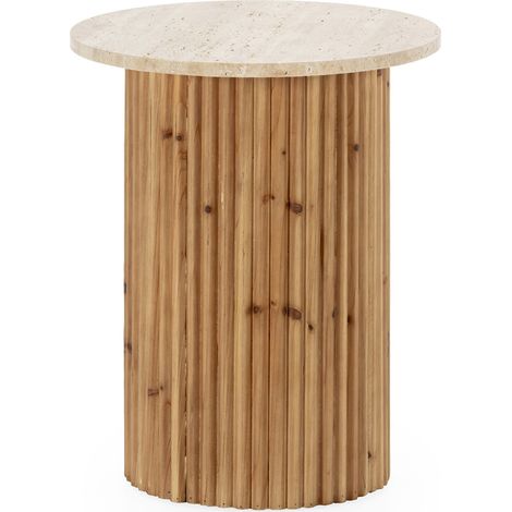 Table d'appoint bois et marbre travertin naturel élégance intemporelle - Naturel bois et marbre travertin