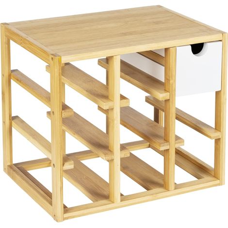 Étagère à vin, étagère pouvant accueillir jusqu'à 8 Bouteilles, avec tiroir intégré pour Tire-Bouchon, verseur et Serviettes, en Bambou Naturel/MDF, 33,5x29x24 cm, Nature/Blanc (1/5)