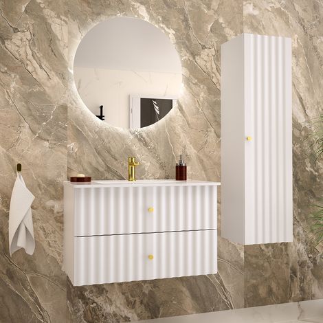 Conjunto de muebles con lavabo individual encastrado 80cm y columna Izae Blanco (1/4)