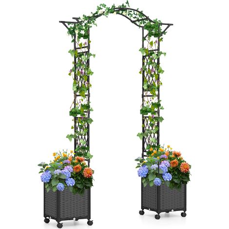 Arche de Jardin 208 CM avec 2 Bacs Jardinière et Treillis, Pergola Extérieur en Métal Revêtu de PE Antirouille avec d'Auto-Arrosage Roues, Gris