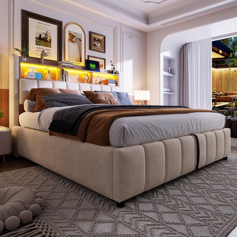 Lit double 180x200cm avec tête de lit lumineuse LED et port USB, sommier relevable hydraulique, rangements intégrés, tissu lin beige, structure capitonnée pour adulte (1/5)