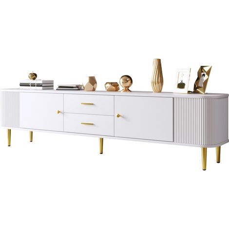 Meuble TV blanc à tiroirs et portes, bords arrondis, côtés ondulés, poignées et pieds dorés, MDF, 170 cm, grand rangement pour salon sécurisé CHICFURN (1/5)