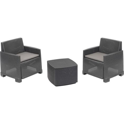 TRADE SHOP - Set Salotto Esterno Con 2 Poltrone Tavolino Contenitore Effetto Rattan Cuscini Giardino - Antracite (1/3)