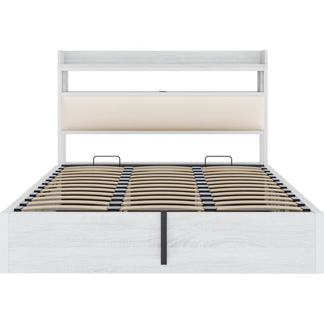 Lit de rangement multifonctionnel de style nordique — Doté de tiroirs sous le lit et d'une tête de lit rembourrée avec compartiments de rangement Lit double, mobilier de chambre (1/4)