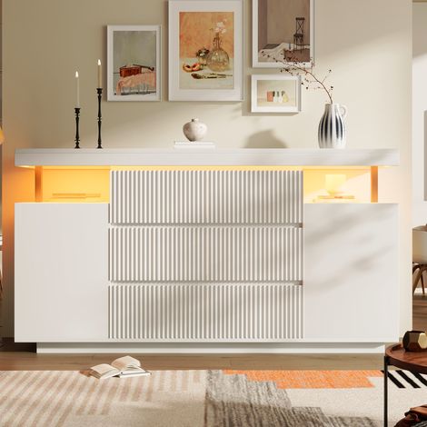 Buffet moderne LED 150x40x78 cm,6 tiroirs,2 portes,façades rainurées,étagères réglables,commande appli/télécommande,blanc (1/5)