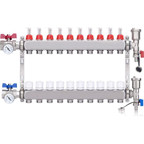 Kit Collecteur Radiateur, 10 Circuits Distributeur Chauffage, avec Thermomètreavec, Vannes à Boisseau Sphérique 1", avec Purgeur Manuel et Débitmètre, Raccords pour Eurocône 3/4, Distributeur HKV