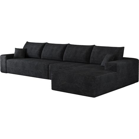 Sofá esquinero modular en L de 340 cm negro, tapizado en pana acanalada, sin montaje (1/5)