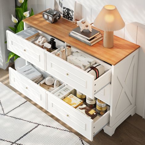 Buffet avec 6 Tiroirs, Style Maison de Campagne, pour Salle à Manger, Salon ou Entrée, MDF, Blanc, 120 x 40 x 76 cm (1/5)