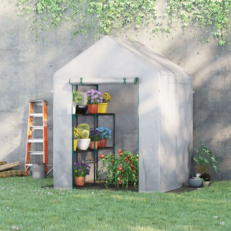 Serra da giardino Outsunny in PE con ripiani a 2 livelli, serra da balcone, copertura rinforzata da 140 g/m², struttura in acciaio, porta avvolgibile con cerniera, per ortaggi, piante e fiori, 143x143