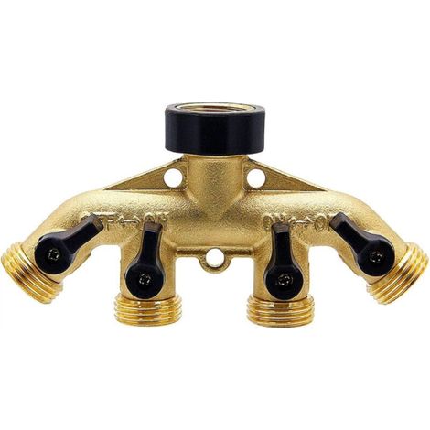 4-Way Brass Hose Distributor, 3/4 Inch Garden Hose Adapter Connector, Hose Tap Adapter with 4 Valves (1/5)