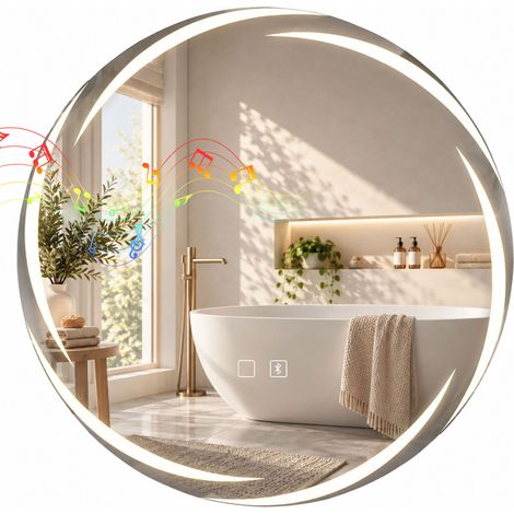 Miroir de salle de bain rond Ø 60 cm avec LED avant et arrière, anti-buée, haut-parleur Bluetooth, intensité variable (1/5)