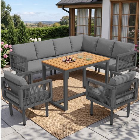 Set salotto da giardino 6 pezzi in metallo grigio con divano angolare, 2 poltrone e tavolino (1/5)