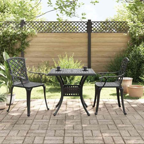 Mesa y sillas de bistró 3 piezas aluminio fundido negro