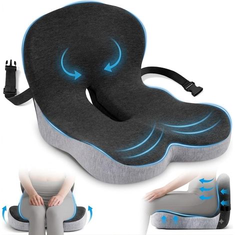 Coussin Lombaire Chaise Bureau, Coussin Lombaire Voiture, Coussin Ergonomique Assise, Conception en Forme De L avec Sangle Réglable, pour Bureau, Voyage (1/4)