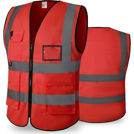 Gilet de sécurité haute visibilité homme et femme, rouge, avec poches et fermeture éclair (1/5)