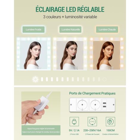 Coiffeuse enfant avec éclairage LED – Grand plateau 108 cm – 2 tiroirs et rangement pour bijoux – Prise et support pour sèche-cheveux — vue 2