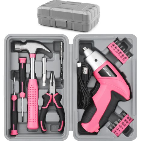 Set di 42 cacciaviti elettrici USB da 4 V (rosa) e kit di utensili per la casa. Cacciavite senza fili e utensili manuali in una scatola compatta.