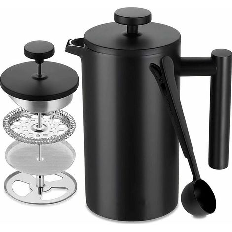 Cafetière à Piston INOX, Français Presse Café Isolation à Double Paroi de 1 L, Paroi intérieure avec Cautèle, avec 5 Filtres à Café et Cuillère Doseuse, 7-8 Tasses, Noir Mat, Café, Thé (1/5)