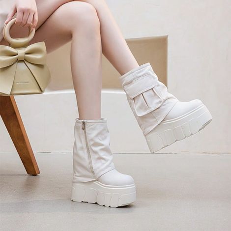Bottes de travail pour femmes à semelle compensée de 14 cm, talons très hauts, chaussures en éponge, couleur unie, modèle surélevé (1/2)