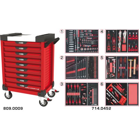 KS Tools - Servante ULTIMATE rouge 9 tiroirs équipée de 455 outils - 809.9452