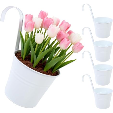 Lot de 4 Pots de fleurs suspendus, Acier galvanisé, Trou de drainage, Démontable, Pour balcon et jardin