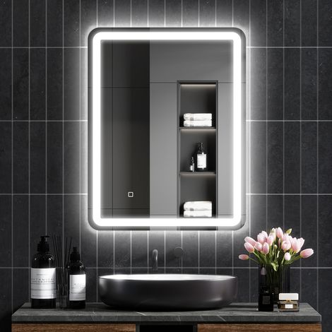 Badezimmerspiegel mit LED-Beleuchtung, 70 x 90 cm, 3 Lichtfarben, einstellbare Helligkeit, Antibeschlagfunktion, Memory-Funktion, Schutzart IP44