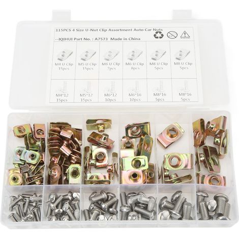 Kit de 115 écrous en U à clipser, 4 tailles (M4, M5, M6, M8), couleurs variées, galvanisés, pour voitures et motos. (1/5)