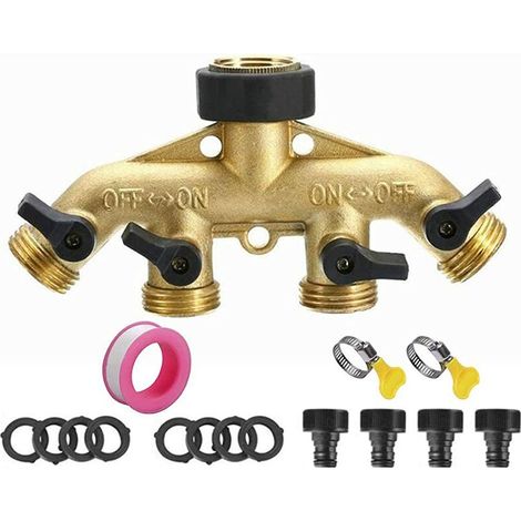 Raccord pour circuit d'arrosage Raccord de Tuyau Laiton d'arrosage 4 Sorties Distributeur Débit d'eau Réglable et Verrouillable - 4 Voies Séparateur de Tuyau Répartiteur Adaptateur pour l'irrigation d