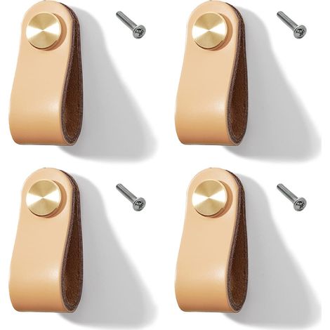 Confezione da 4 maniglie in pelle per mobili, mobili da cucina e armadi (beige, foro singolo) (1/5)