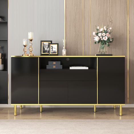 Buffet noir laqué brillant, commode à 1 tiroir pour chambre, meuble de rangement élégant – L 150 x P 40 x H 80 cm, finition miroir (1/5)