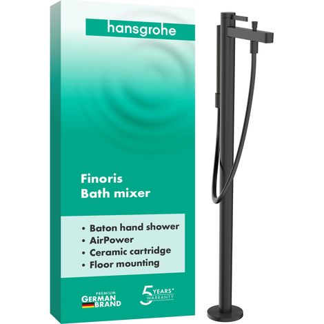 Mitigeur baignoire sur pied, Robinet baignoire 2 sorties avec tuyau 1,25m et douchette (2 jets), Mitigeur monocommande, Noir chromé brossé, 76445340 (1/5)