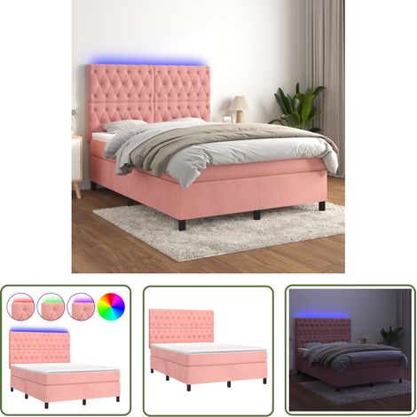 The Living Store Sommier à lattes de lit matelas et LED Rose 140x190 cm Velours - Lit Plateforme - Lit Capitonné - Lit Velours - Lit Double - Tête De Lit Ajustable (1/5)
