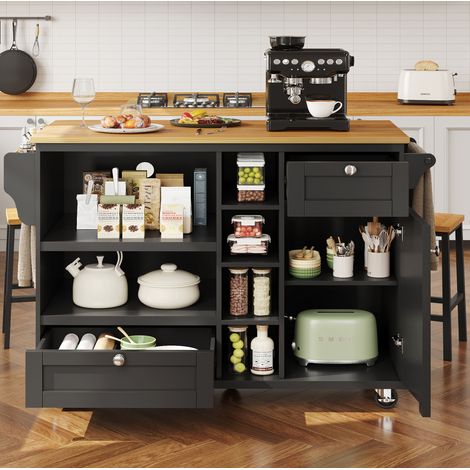 Credenza mobile da cucina 129x46x96 cm, con ruote, spazio multifunzione, MDF, nero (1/5)
