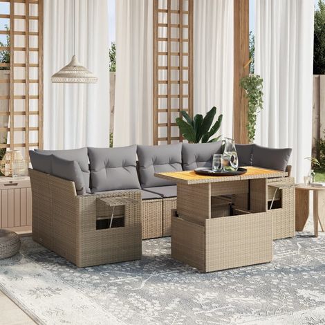 Set sofás de jardín 7 piezas y cojines ratán sintético beige vidaXL (1/3)