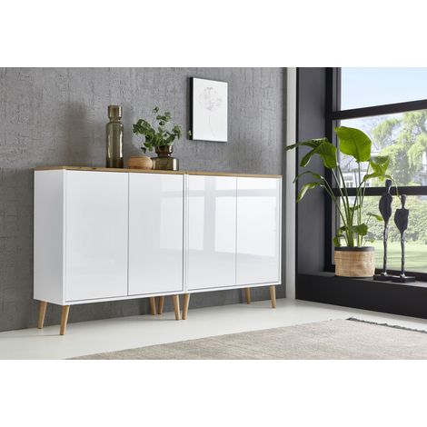 BMG Möbel Sideboard Mailand Set 2, grifflos, Holzfüße, Weiß/ Artisan, Weiß hochglanz (1/5)