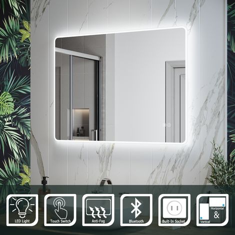 ELEGANT Modern LED Bathroom Mirror with Sensor Touch Switch, Demester Pad, Shaver Scocket and Bluetooth Speakers Smart Illuminated Bathroom Mirror 800 x 600 mm