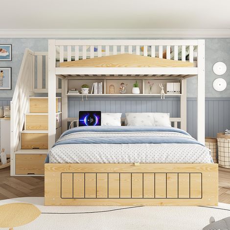 Lit superposé 90x200 et 140x200 cm, avec meuble escalier, barrières de sécurité et port USB-C, blanc et couleurs naturelles. (1/5)