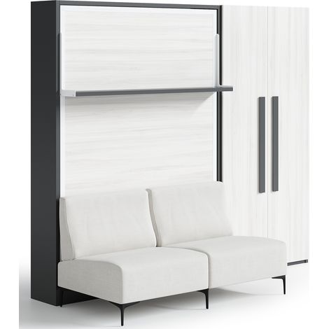 Lit escamotable verticale avec canapé et armoire Marko 90x190-Canapé Gris foncé-Structure,Façade Chêne gris (1/5)
