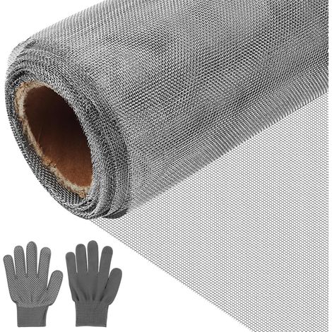 Grillage Inox 40 Mesh, Grillage Anti Rongeur 30 x 120 cm, Grille inox Diamètre de l'Orifice : 0,6 mm, Grille Métallique Fine, Avec Gants Antidérapants, Pour Bouche d'Aération, Maison, Cuisine, Jardin (1/5)