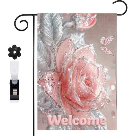 Bannière de cour feuilles argentées et rose rose 30 x 45 cm décoration porche et maison (1/5)
