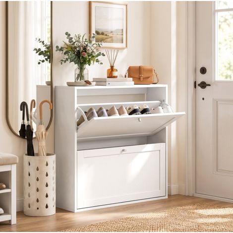 Meuble à chaussures 80 x 20 x 84 cm, 2 abattants, étagères réglables, rangement gain de place, bois blanc (1/5)
