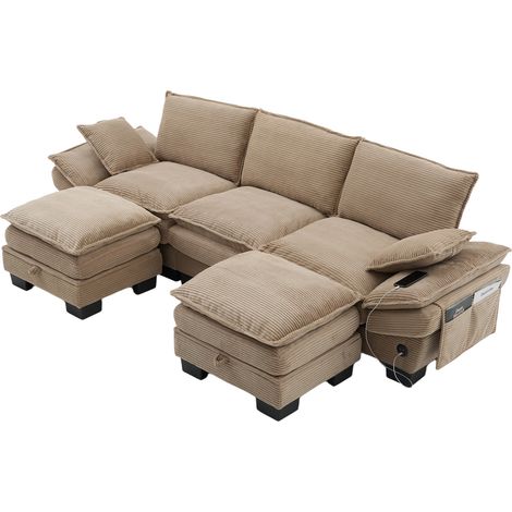Canapé modulable 3 places en velours côtelé (avec 2 poufs) – large assise, design ergonomique, rembourrage en mousse haute densité, port USB-C et poches latérales. Idéal pour salon, bureau ou lounge. (1/5)